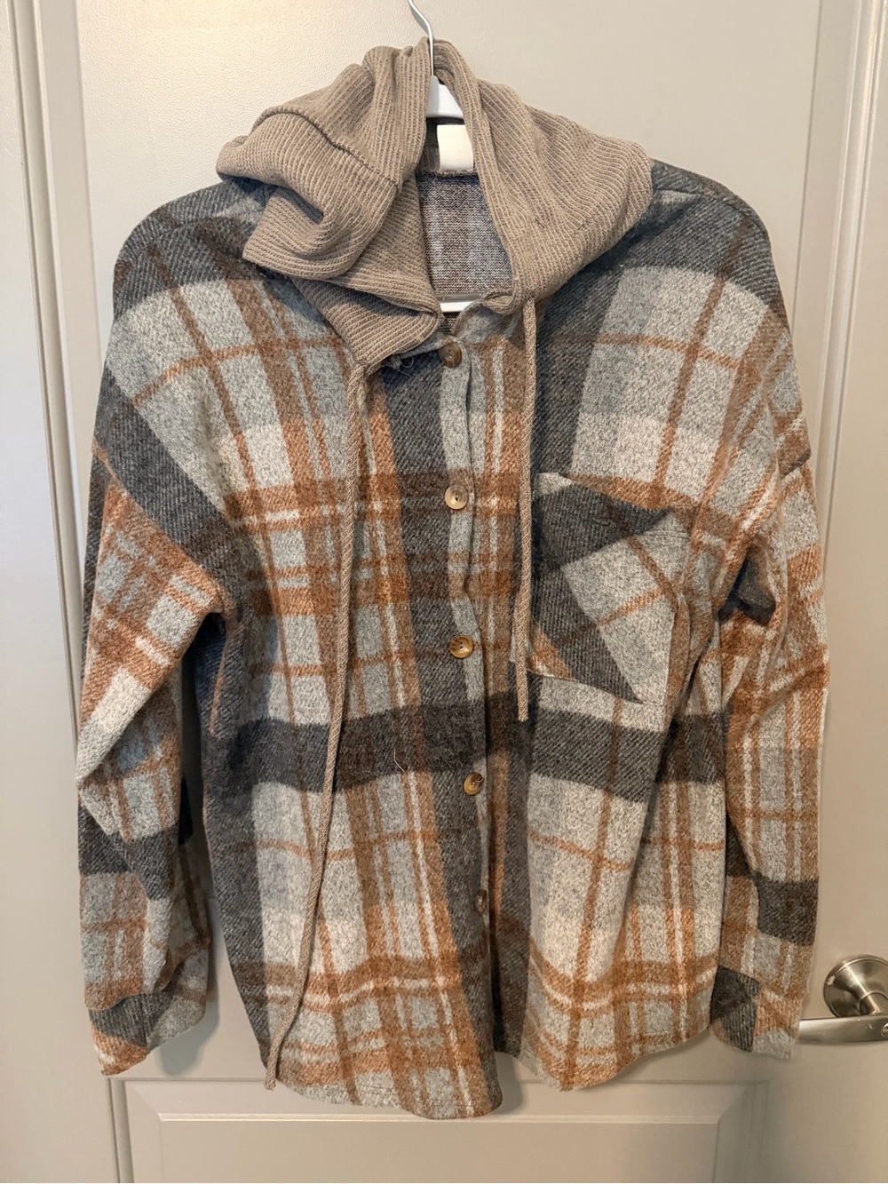 7th Ray Plaid Hooded Button-Down Shirt Jacket with Hood size Medium Relaxed Fit